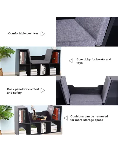 HOMCOM Bookcase Storage Shelf with Cushioned Reading Seat, Cube Bookshelf Organizer for Bedroom Living Room, Black