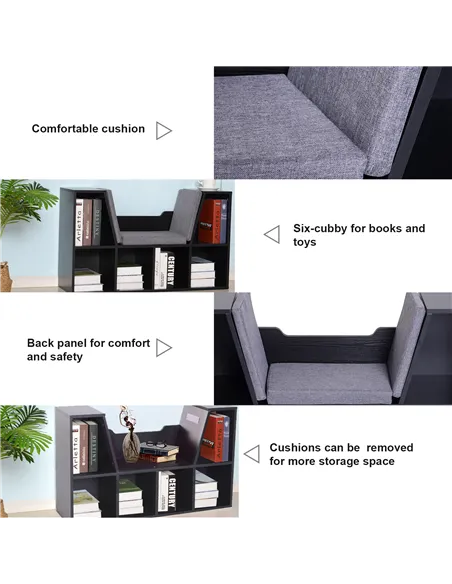 HOMCOM Bookcase Storage Shelf with Cushioned Reading Seat, Cube Bookshelf Organizer for Bedroom Living Room, Black