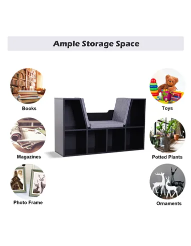 HOMCOM Bookcase Storage Shelf with Cushioned Reading Seat, Cube Bookshelf Organizer for Bedroom Living Room, Black