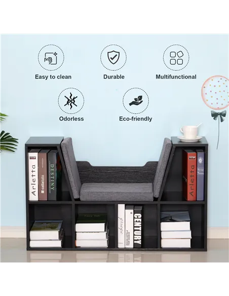 HOMCOM Bookcase Storage Shelf with Cushioned Reading Seat, Cube Bookshelf Organizer for Bedroom Living Room, Black