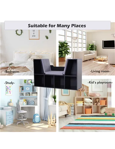 HOMCOM Bookcase Storage Shelf with Cushioned Reading Seat, Cube Bookshelf Organizer for Bedroom Living Room, Black