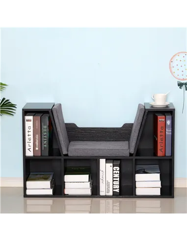 HOMCOM Bookcase Storage Shelf with Cushioned Reading Seat, Cube Bookshelf Organizer for Bedroom Living Room, Black