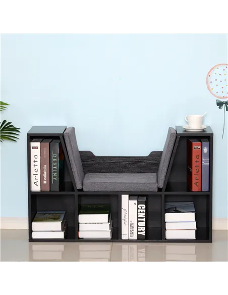 HOMCOM Bookcase Storage Shelf with Cushioned Reading Seat, Cube Bookshelf Organizer for Bedroom Living Room, Black