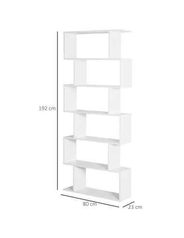HOMCOM Bookcase, 6 Tier Shelf S Shaped Bookshelf, Storage Unit, Display Shelf for Living Room, Bedroom, Home Office, Plant, Whit