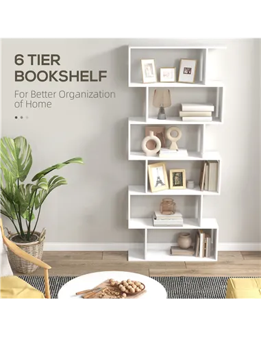 HOMCOM Bookcase, 6 Tier Shelf S Shaped Bookshelf, Storage Unit, Display Shelf for Living Room, Bedroom, Home Office, Plant, Whit