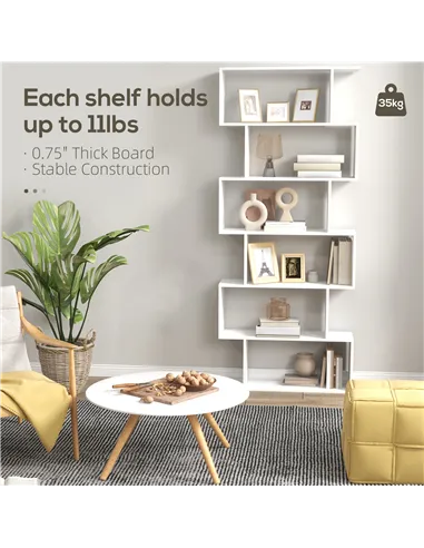 HOMCOM Bookcase, 6 Tier Shelf S Shaped Bookshelf, Storage Unit, Display Shelf for Living Room, Bedroom, Home Office, Plant, Whit