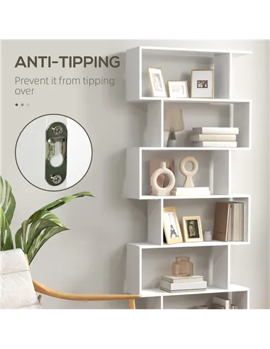 HOMCOM Bookcase, 6 Tier Shelf S Shaped Bookshelf, Storage Unit, Display Shelf for Living Room, Bedroom, Home Office, Plant, Whit