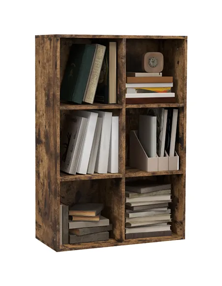 HOMCOM Six-Cube Bookcase - Rustic Brown Wood Effect
