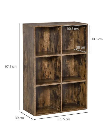 HOMCOM Six-Cube Bookcase - Rustic Brown Wood Effect