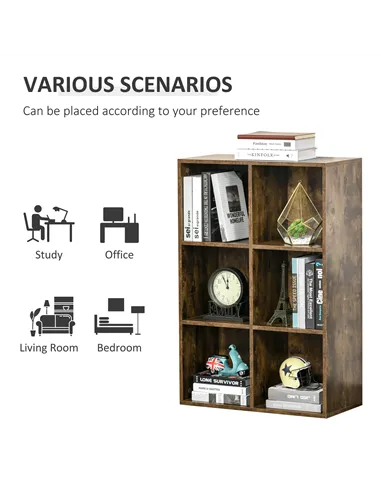 HOMCOM Six-Cube Bookcase - Rustic Brown Wood Effect