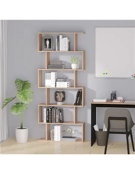 HOMCOM Bookcase, 6 Tier Shelf S Shaped Bookshelf, Storage Unit, Display Shelf for Living Room, Bedroom, Home Office, Plant, Mapl