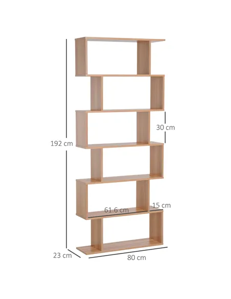 HOMCOM Bookcase, 6 Tier Shelf S Shaped Bookshelf, Storage Unit, Display Shelf for Living Room, Bedroom, Home Office, Plant, Mapl