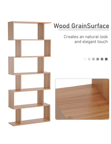 HOMCOM Bookcase, 6 Tier Shelf S Shaped Bookshelf, Storage Unit, Display Shelf for Living Room, Bedroom, Home Office, Plant, Mapl