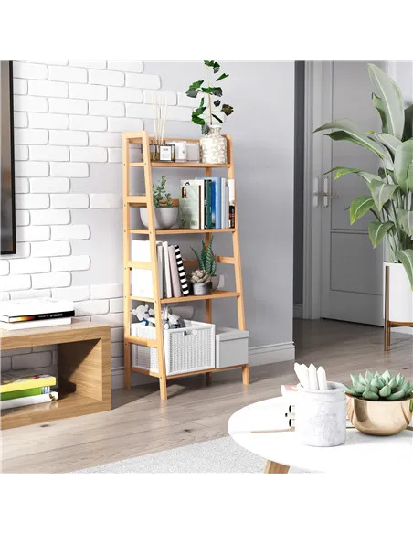 HOMCOM Bamboo Ladder Shelf, 4-Tier Bookshelf, Freestanding Bookcase for Living Room, Study, Bedroom, Home Office, 48 x 31.5 x 12