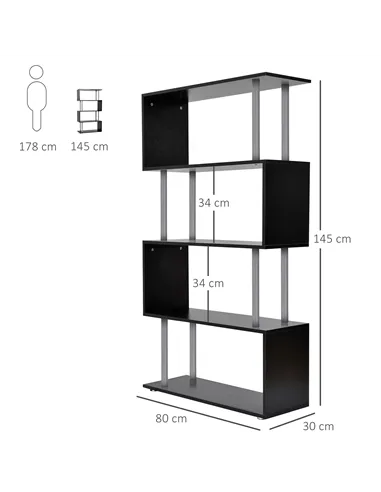 HOMCOM S Shape Bookcase, 5 Tiers Bookshelf, Modern Freestanding Storage Shelf for Home Office, Study, Living Room, 80 x 30 x 145