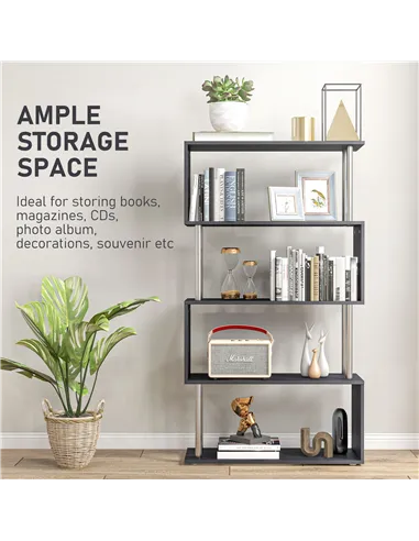 HOMCOM S Shape Bookcase, 5 Tiers Bookshelf, Modern Freestanding Storage Shelf for Home Office, Study, Living Room, 80 x 30 x 145