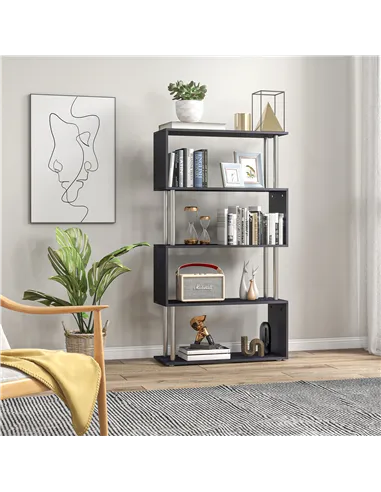 HOMCOM S Shape Bookcase, 5 Tiers Bookshelf, Modern Freestanding Storage Shelf for Home Office, Study, Living Room, 80 x 30 x 145
