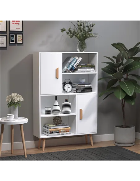 HOMCOM Sideboard Bookshelf Free Standing Bookcase Shelves Unit Display Storage Cabinet w/ Adjustable Shelves, Wooden Leg, Two Do