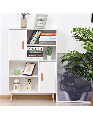 HOMCOM Sideboard Bookshelf Free Standing Bookcase Shelves Unit Display Storage Cabinet w/ Adjustable Shelves, Wooden Leg, Two Do