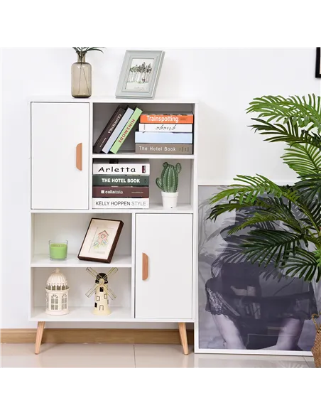 HOMCOM Sideboard Bookshelf Free Standing Bookcase Shelves Unit Display Storage Cabinet w/ Adjustable Shelves, Wooden Leg, Two Do