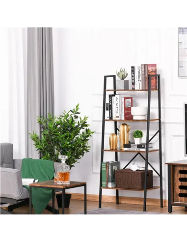 HOMCOM Ladder Shelf, Bookshelf, 4-Tier Industrial Storage Rack for Living Room, Bedroom, Kitchen, Rustic Brown and Black