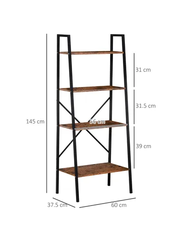 HOMCOM Ladder Shelf, Bookshelf, 4-Tier Industrial Storage Rack for Living Room, Bedroom, Kitchen, Rustic Brown and Black
