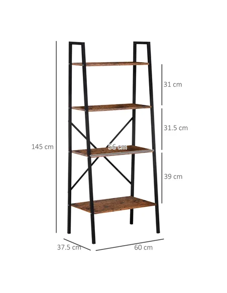 HOMCOM Ladder Shelf, Bookshelf, 4-Tier Industrial Storage Rack for Living Room, Bedroom, Kitchen, Rustic Brown and Black