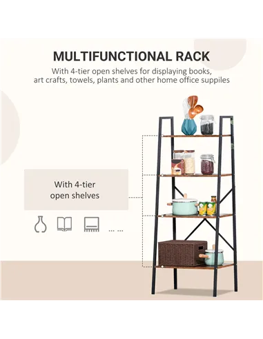 HOMCOM Ladder Shelf, Bookshelf, 4-Tier Industrial Storage Rack for Living Room, Bedroom, Kitchen, Rustic Brown and Black