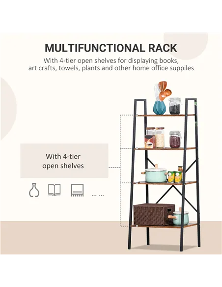 HOMCOM Ladder Shelf, Bookshelf, 4-Tier Industrial Storage Rack for Living Room, Bedroom, Kitchen, Rustic Brown and Black