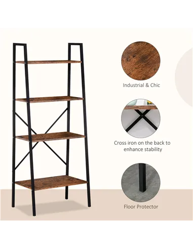 HOMCOM Ladder Shelf, Bookshelf, 4-Tier Industrial Storage Rack for Living Room, Bedroom, Kitchen, Rustic Brown and Black