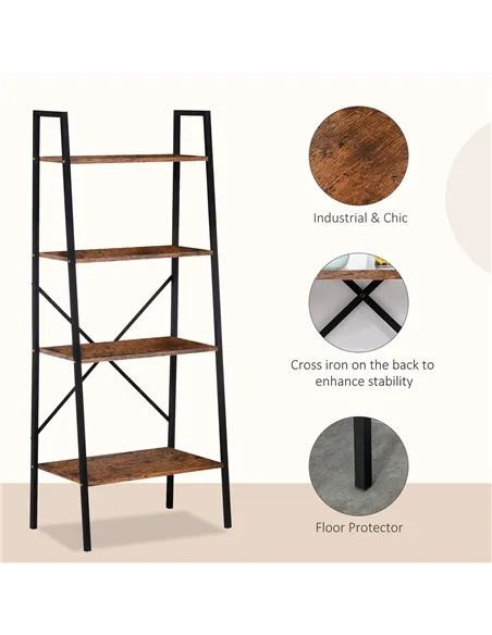 HOMCOM Ladder Shelf, Bookshelf, 4-Tier Industrial Storage Rack for Living Room, Bedroom, Kitchen, Rustic Brown and Black