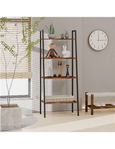 HOMCOM Ladder Shelf, Bookshelf, 4-Tier Industrial Storage Rack for Living Room, Bedroom, Kitchen, Rustic Brown and Black