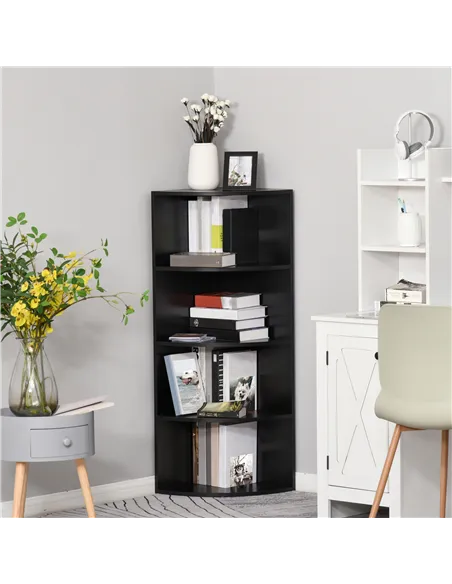 HOMCOM 4-Tier Corner Open Shelf Bookcase Freestanding Fan Bookshelf Plants Stand, 40x40x120cm, Black