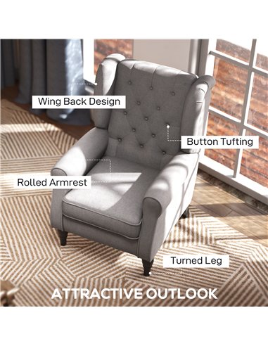 HOMCOM Retro Accent Chair, Wingback Armchair with Wood Frame Button Tufted Design for Living Room Bedroom, Grey