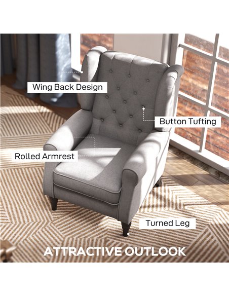 HOMCOM Retro Accent Chair, Wingback Armchair with Wood Frame Button Tufted Design for Living Room Bedroom, Grey