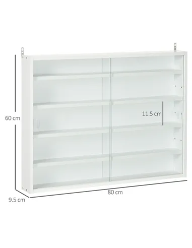 HOMCOM 5-Tier Wall Display Shelf Unit Cabinet w/ 4 Adjustable Shelves Glass Doors Home Office Ornaments 60x80cm White