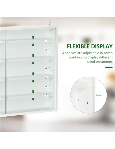 HOMCOM 5-Tier Wall Display Shelf Unit Cabinet w/ 4 Adjustable Shelves Glass Doors Home Office Ornaments 60x80cm White