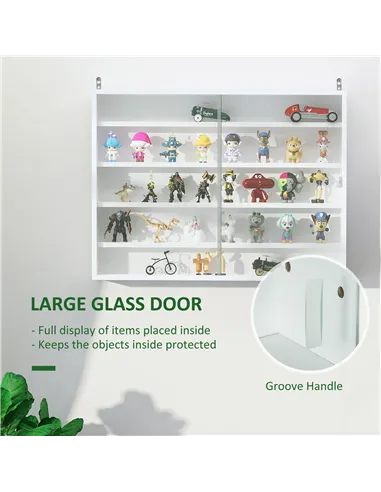 HOMCOM 5-Tier Wall Display Shelf Unit Cabinet w/ 4 Adjustable Shelves Glass Doors Home Office Ornaments 60x80cm White