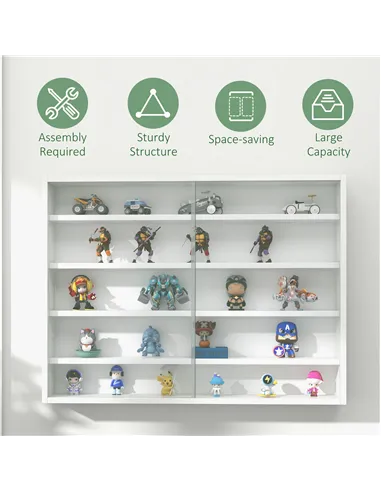 HOMCOM 5-Tier Wall Display Shelf Unit Cabinet w/ 4 Adjustable Shelves Glass Doors Home Office Ornaments 60x80cm White