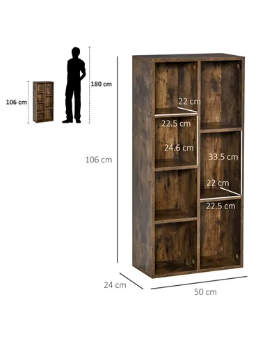 HOMCOM Seven-Cube Bookcase - Rustic Brown Wood Effect