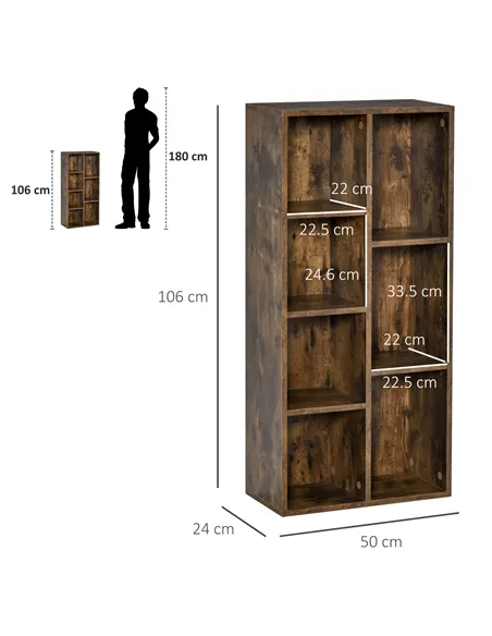 HOMCOM Seven-Cube Bookcase - Rustic Brown Wood Effect