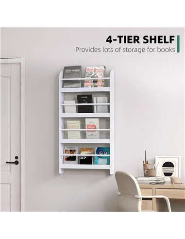 HOMCOM Bookcase, 4 Tier Wall Mounted Bookshelf, 15cm Depth Storage Shelving Rack for Bedroom Nursery Office Home, Accessories Su
