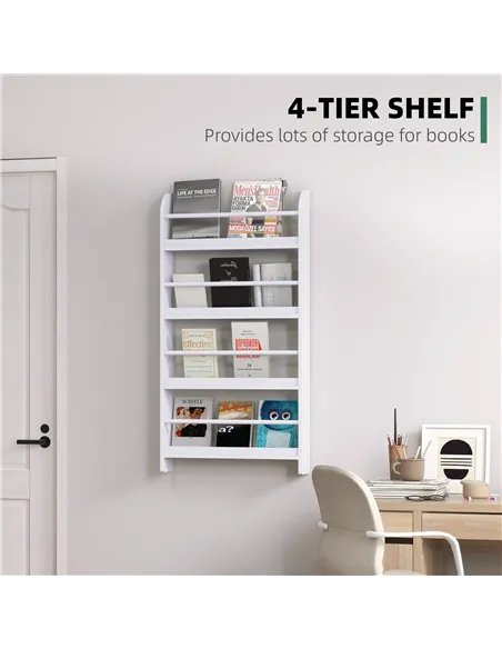 HOMCOM Bookcase, 4 Tier Wall Mounted Bookshelf, 15cm Depth Storage Shelving Rack for Bedroom Nursery Office Home, Accessories Su