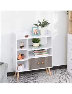 HOMCOM Bookcase, Freestanding Book Shelf with Storage Cabinet, 6 Shelves and Wood Legs for Home Office Display, White and Grey,  2