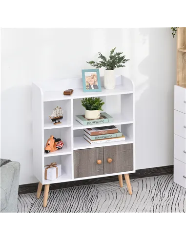 HOMCOM Bookcase, Freestanding Book Shelf with Storage Cabinet, 6 Shelves and Wood Legs for Home Office Display, White and Grey, 