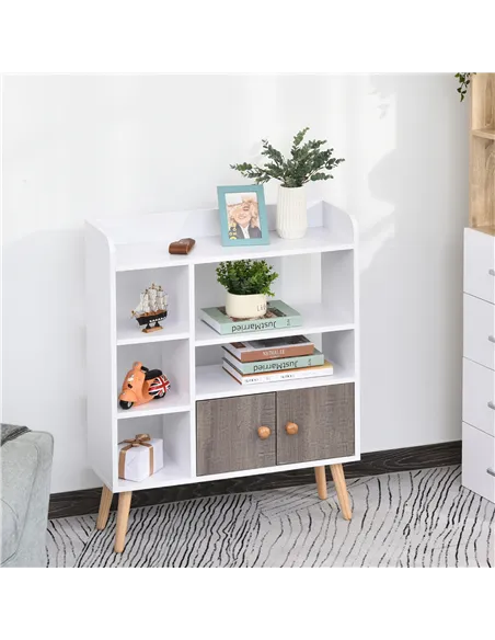 HOMCOM Bookcase, Freestanding Book Shelf with Storage Cabinet, 6 Shelves and Wood Legs for Home Office Display, White and Grey, 