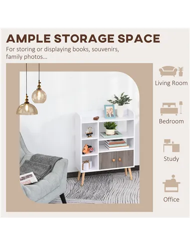 HOMCOM Bookcase, Freestanding Book Shelf with Storage Cabinet, 6 Shelves and Wood Legs for Home Office Display, White and Grey, 