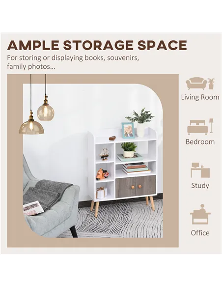 HOMCOM Bookcase, Freestanding Book Shelf with Storage Cabinet, 6 Shelves and Wood Legs for Home Office Display, White and Grey, 