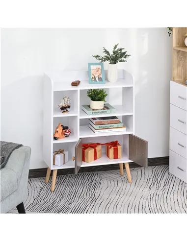 HOMCOM Bookcase, Freestanding Book Shelf with Storage Cabinet, 6 Shelves and Wood Legs for Home Office Display, White and Grey, 
