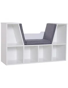 HOMCOM Bookcase Storage Shelf with Cushioned Reading Seat, Cube Bookshelf Organizer for Bedroom Living Room, White